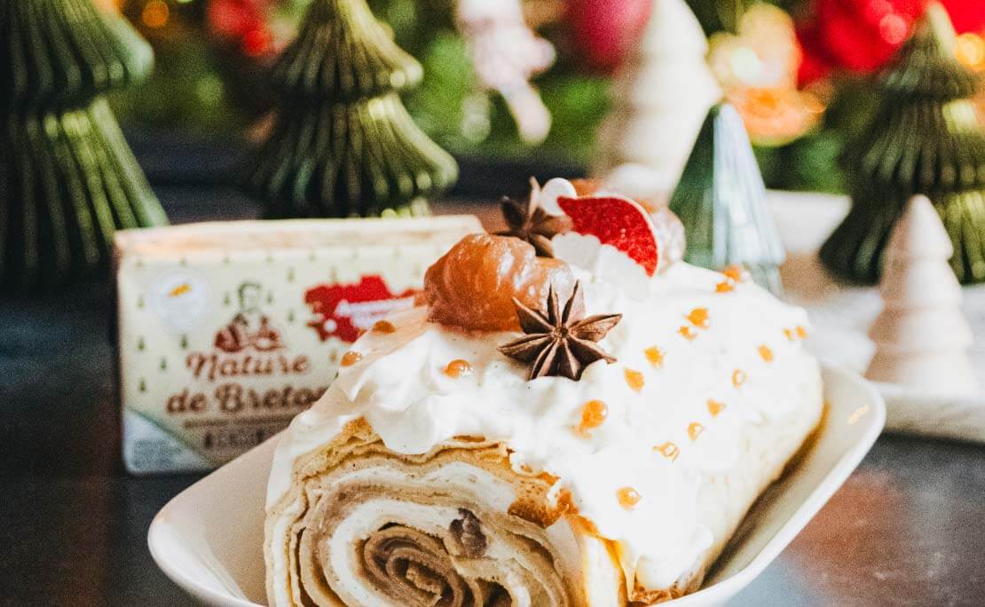 Bûche Mont Breizh : bûche de crêpes Mont Blanc pour Noël